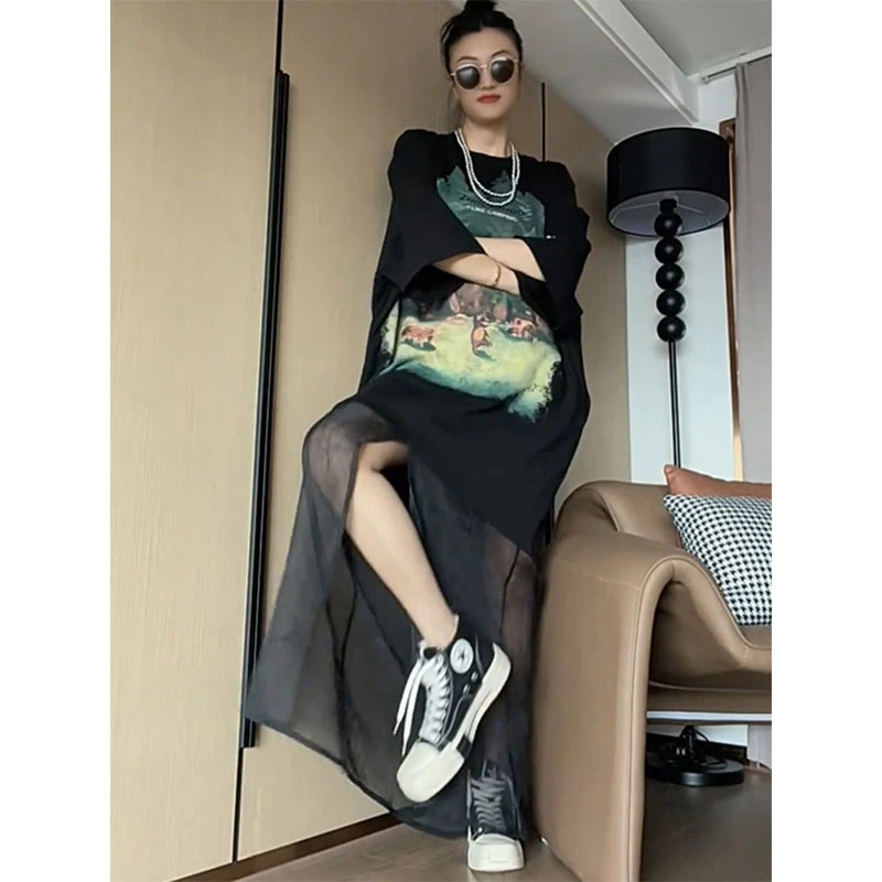 洋气休闲圆领上衣欧洲站2025夏季新款韩版百搭宽松中长款黑色T恤