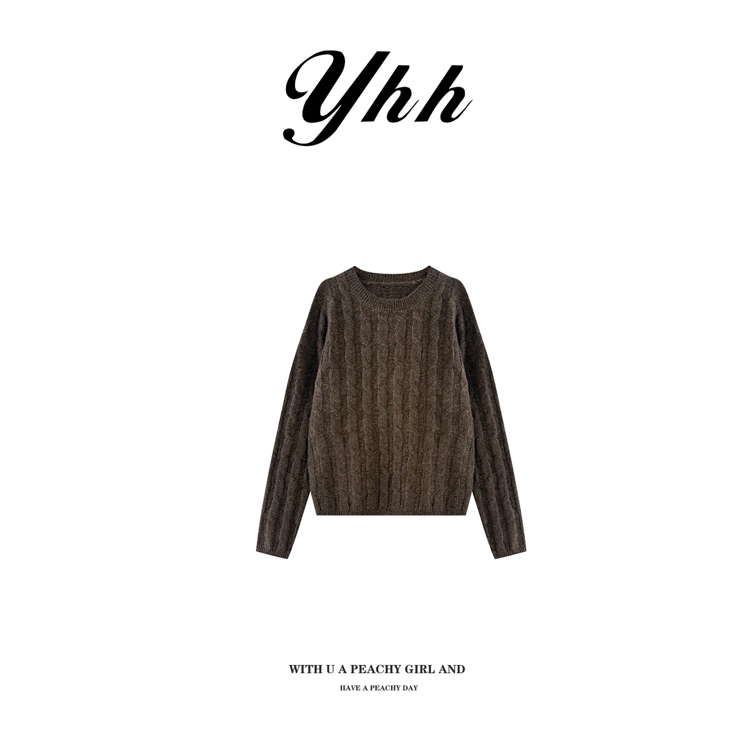 【YHH】冬季时尚休闲麻花花纱圆领套头毛衣-YHW5239