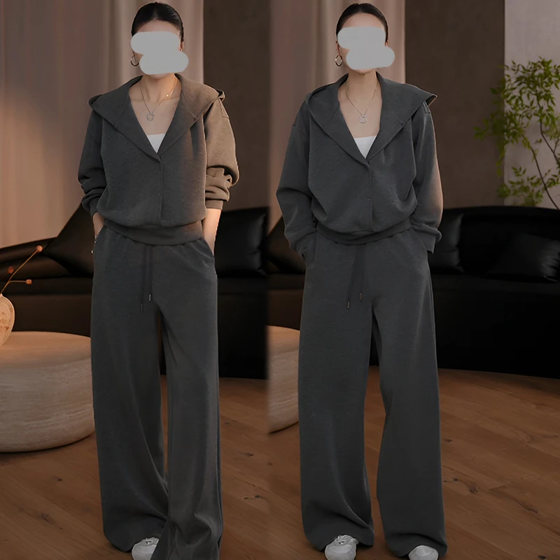 2025春秋新款套头连帽暗扣卫衣上衣女显瘦松紧腰休闲阔腿裤两件套
