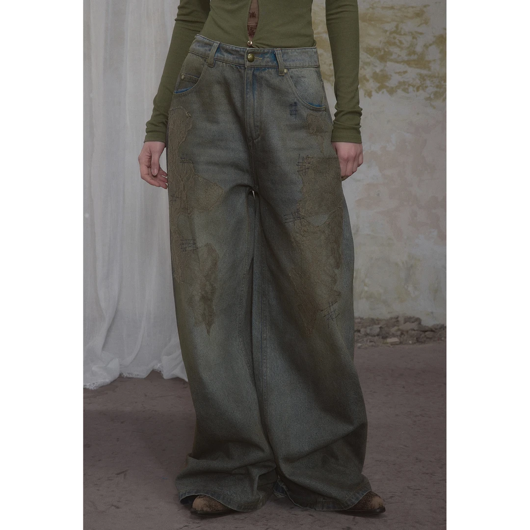 【新品】wooha 吾哈2025冬季新款复古时髦精致蕾丝牛仔裤女