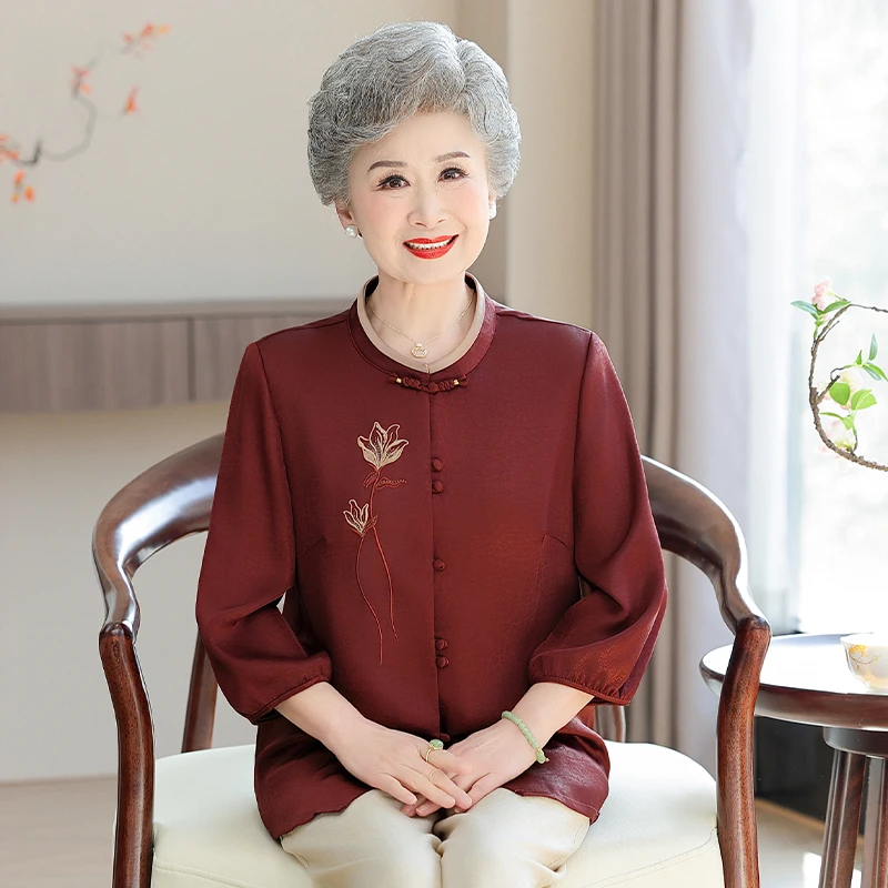 新款妈妈高档喜婆婆衬衫衬衣套装七分袖夏季洋气女奶奶大码上衣