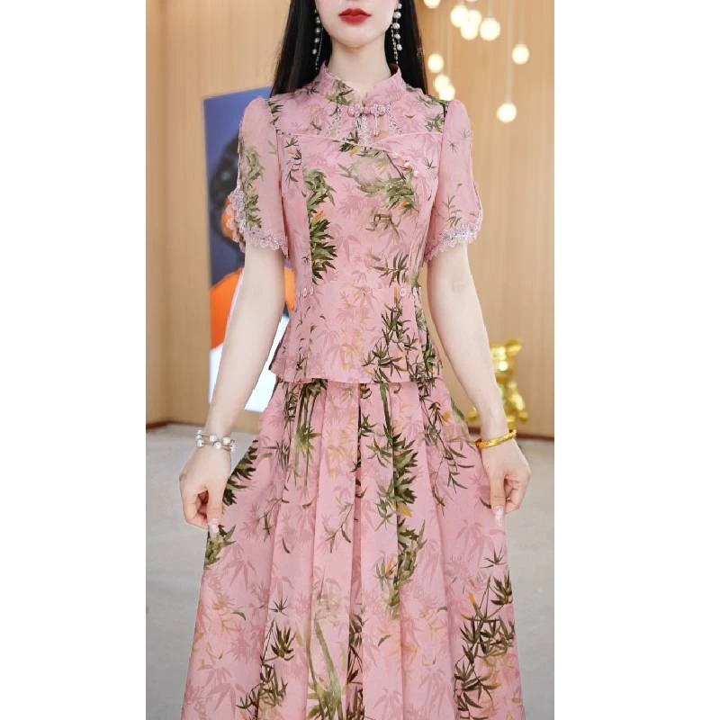 【上下套装】夏季旗袍领设计感优雅气质休闲短袖通勤两件套M-4XL