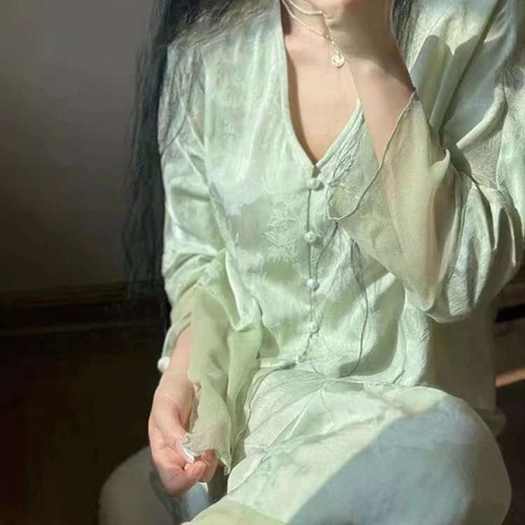 【碧玉】春夏季轻奢冰丝雪纺提花七分袖国风轻奢睡衣套外穿家居服