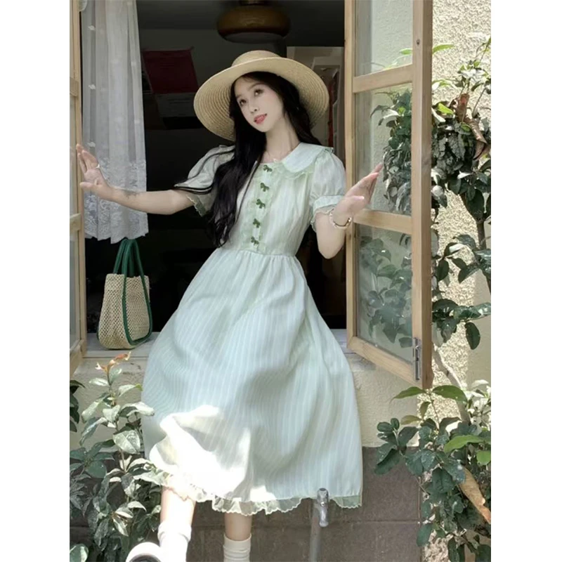 女大童小清新连衣裙夏季新款13初中生森系15少女孩娃娃领长款裙子