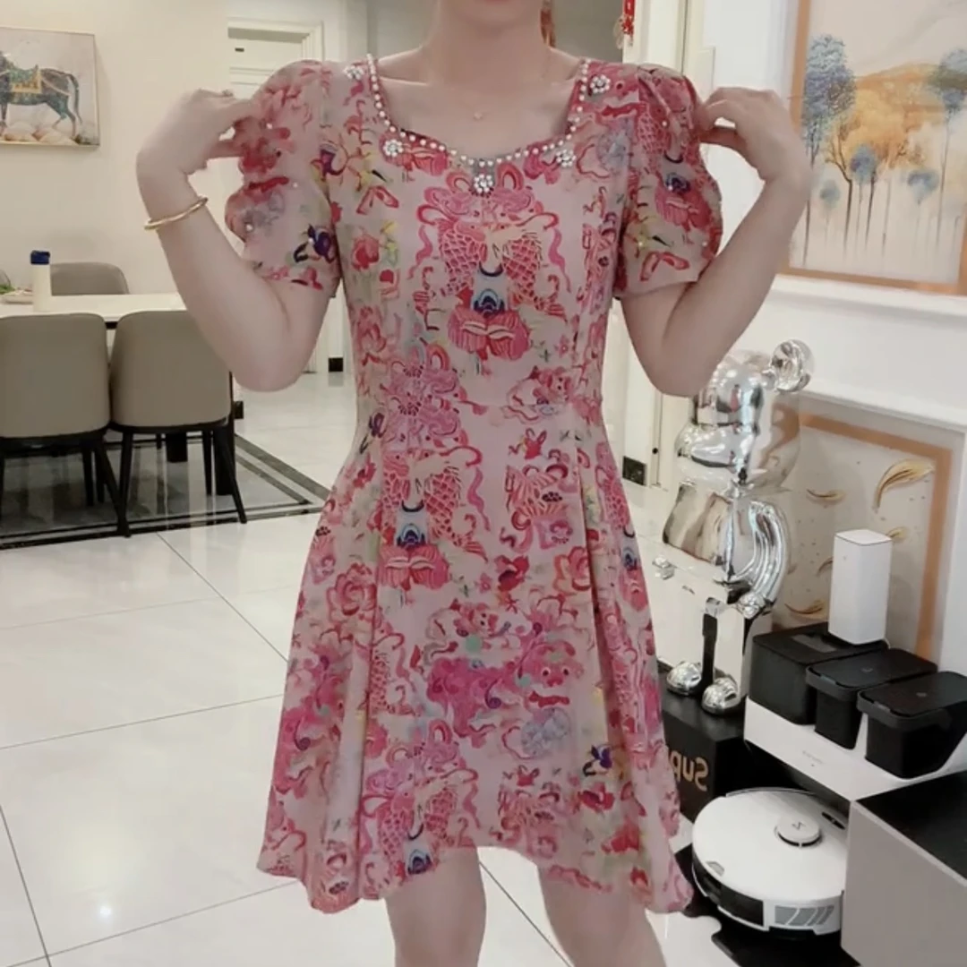 新款花色订珠美背显瘦连衣裙