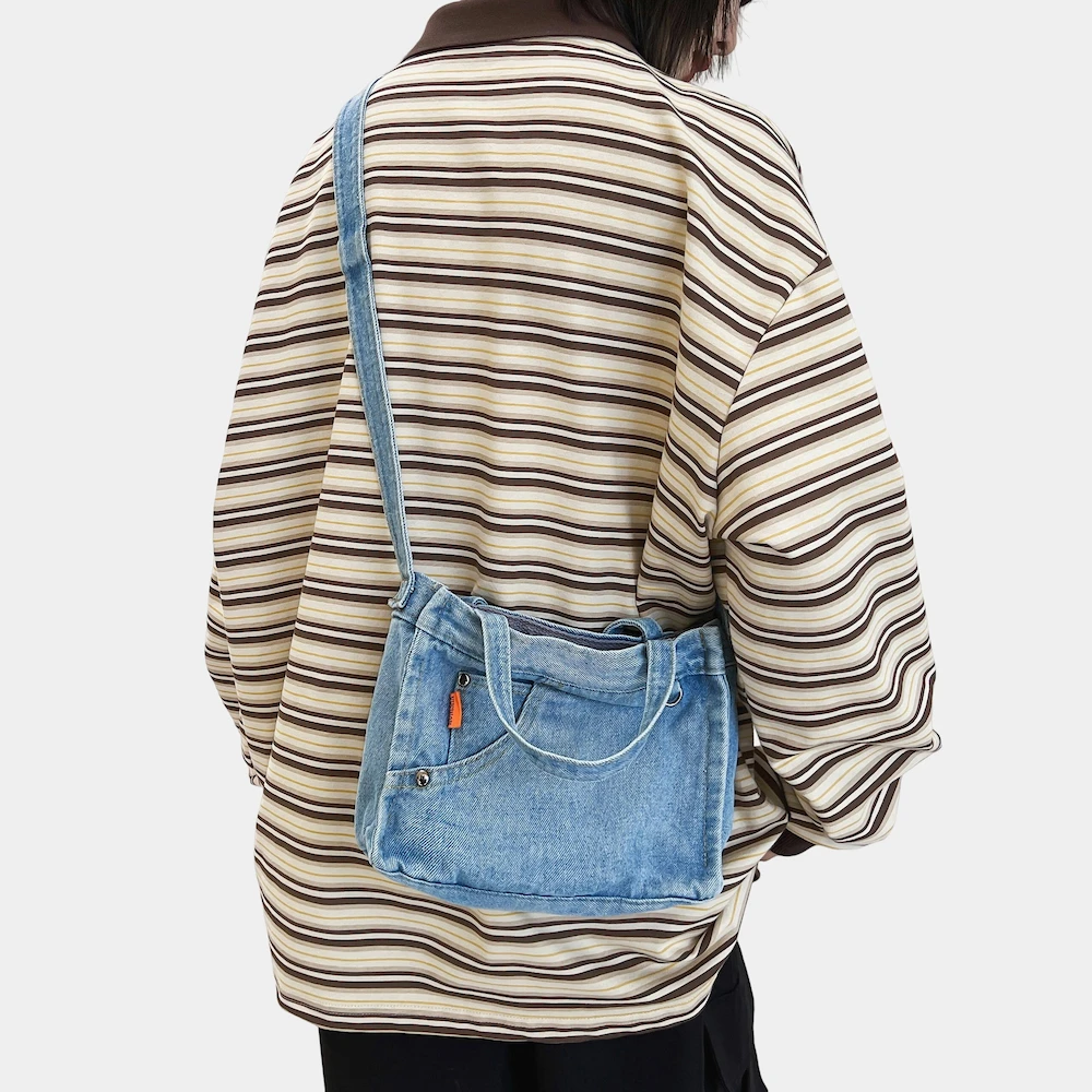 背不烂百搭复古牛仔布单肩斜挎包女休闲百搭拉链手提手机小方包男