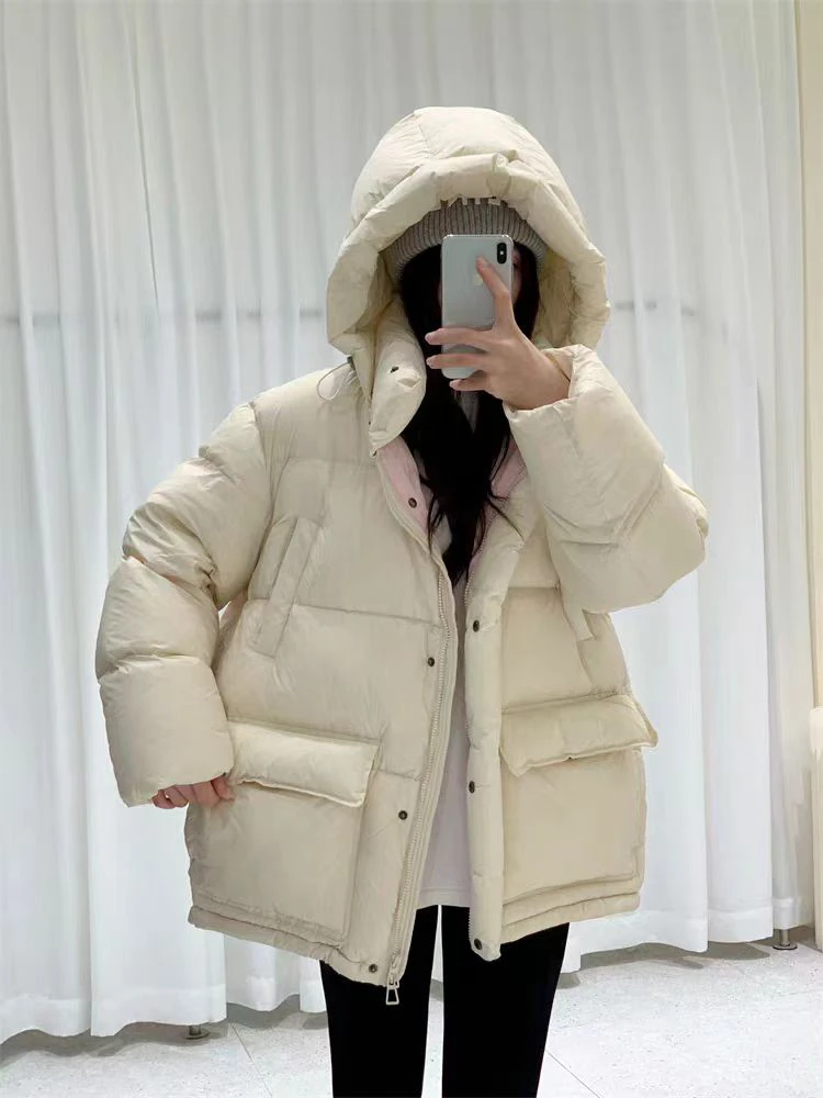 蜜地苏拉&5940保暖羽绒服冬装加厚白鸭绒面包服两口袋连帽外套