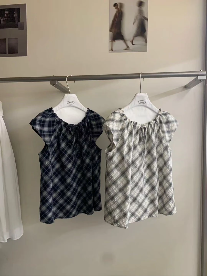 2326 夏季韩系甜美复古格子上衣