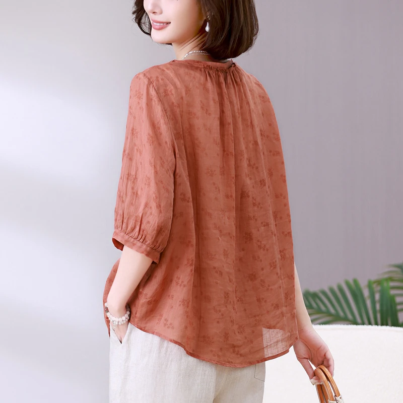 衬衣女款2025新款爆款短袖夏季薄款短袖中年妈妈时尚宽松苎麻上衣