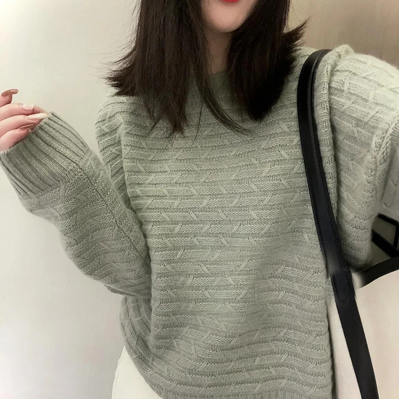 秋冬女坑条圆领羊毛衫韩版宽松慵懒风提花毛衣气质百搭针织打底衫