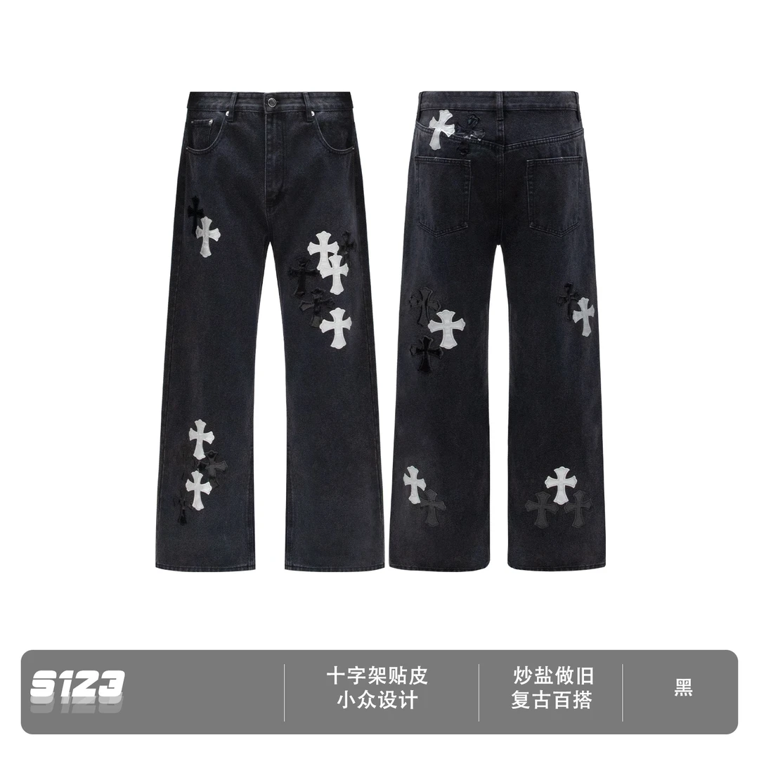 美式高街重工炒盐牛仔裤男拼皮直筒阔腿休闲垂感长裤4126