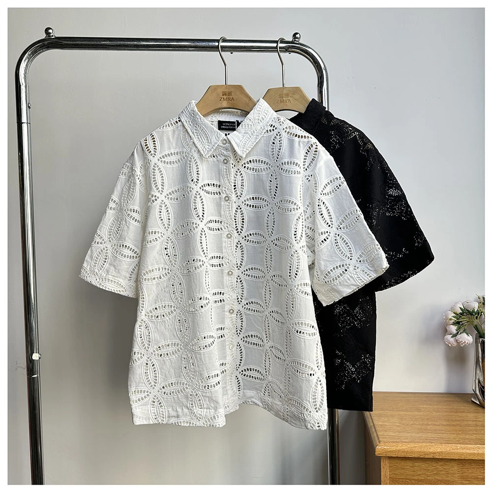 C081夏季新款女士宽松镂空翻领短袖衬衫女