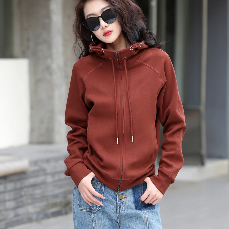 双面棉春秋新款双拉头链连帽休闲宽松开衫大码运动卫衣外套上衣冬