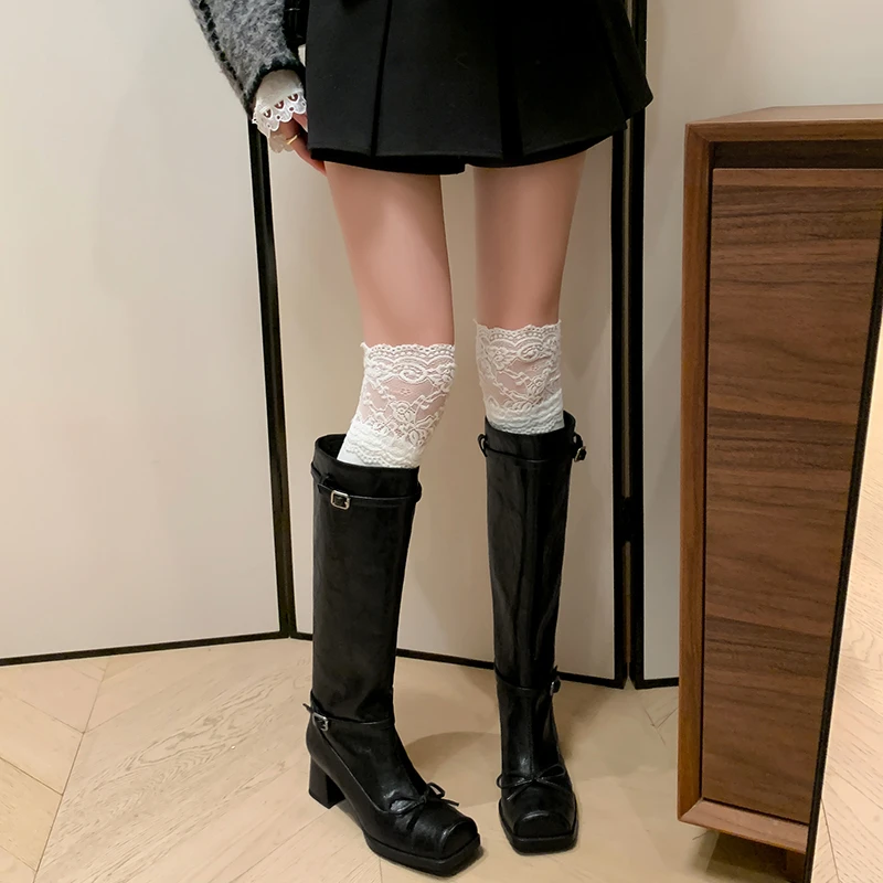 ins设计师款秋冬美拉德长筒靴蝴蝶结芭蕾骑士靴女新款瘦瘦长靴