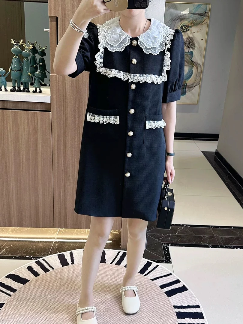 【木果甄选】拼接短袖夏天娃娃领夏季连衣裙小香风薄雾少女风