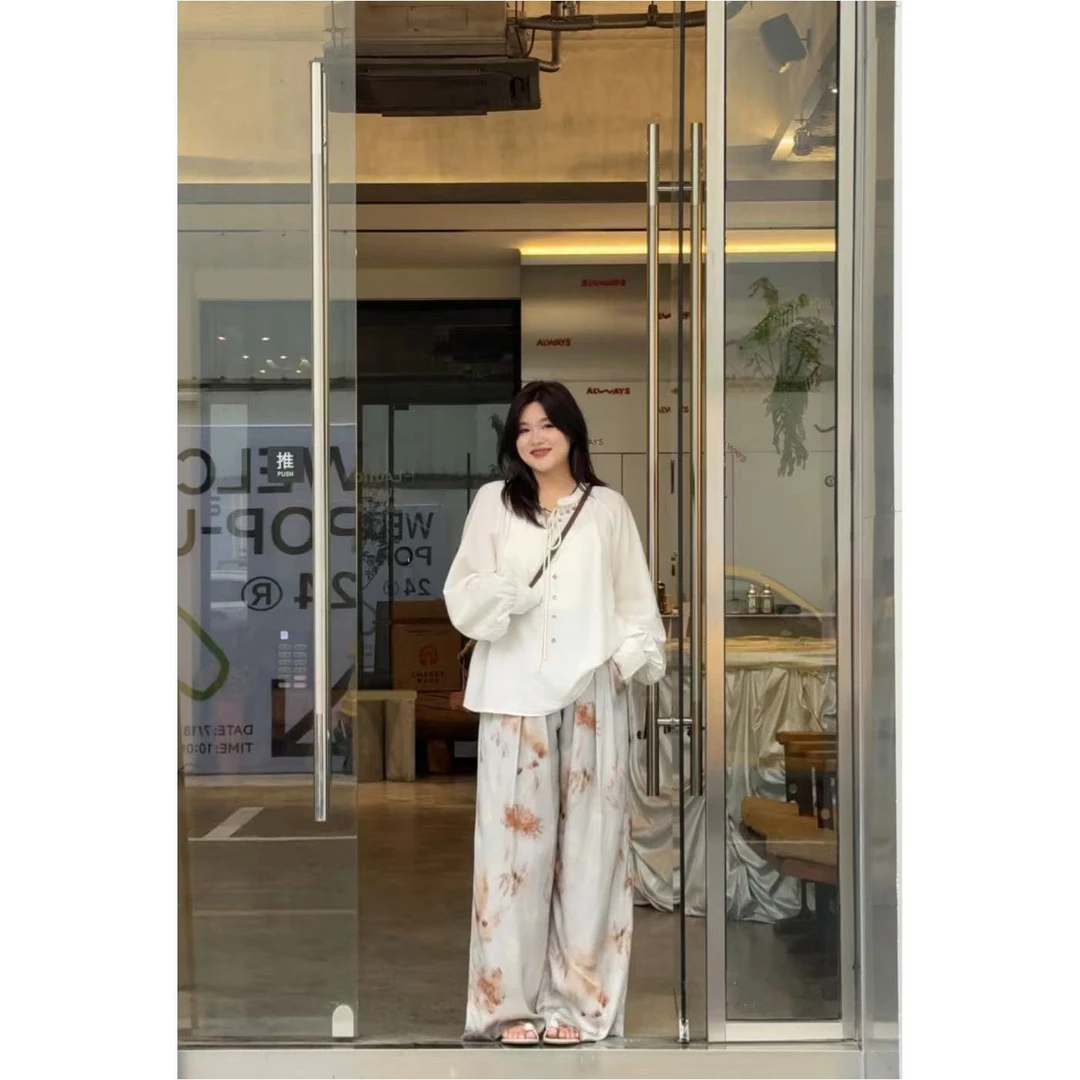 晶咕【巴黎情调】大花色宽腿裤显瘦遮肉印花法式时尚气质夏季