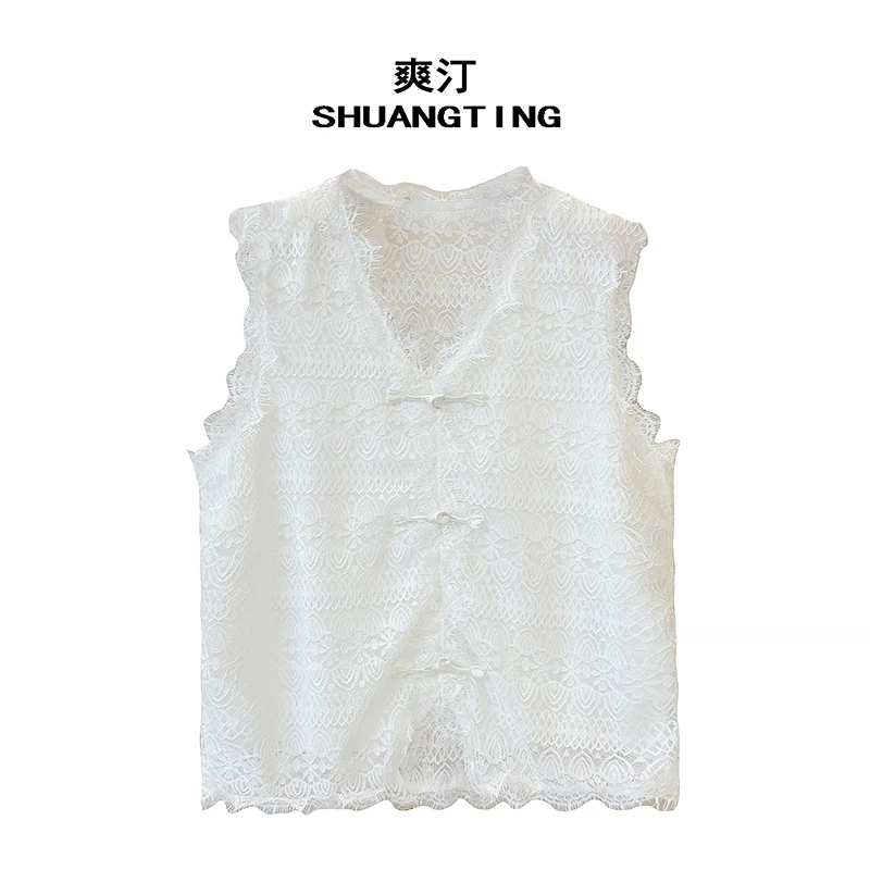 Jokara/丘可儿【云深处】中式盘扣设计感蕾丝拼接吊带镂空背心内搭