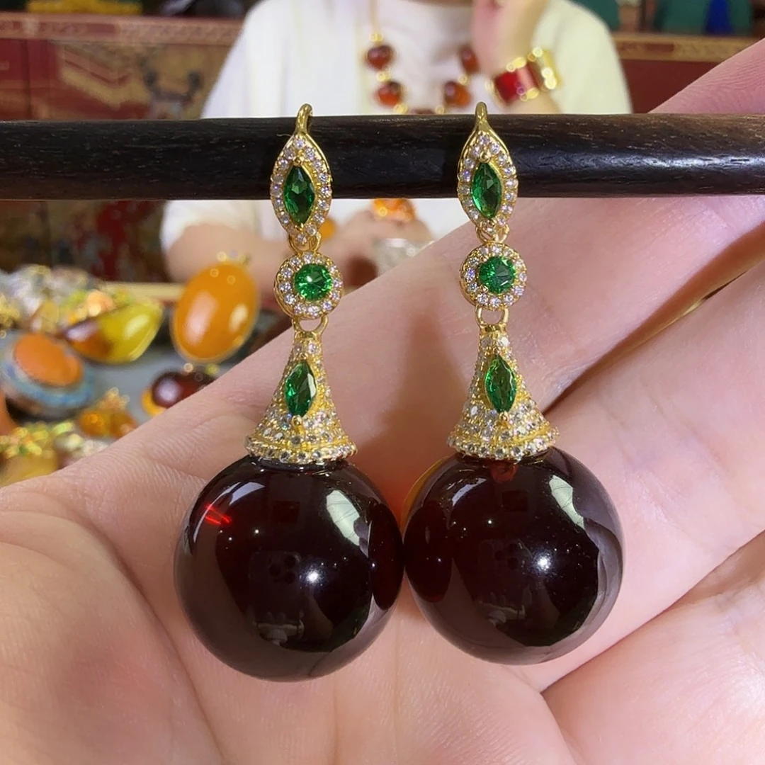 血珀银S925镀金镶嵌耳环