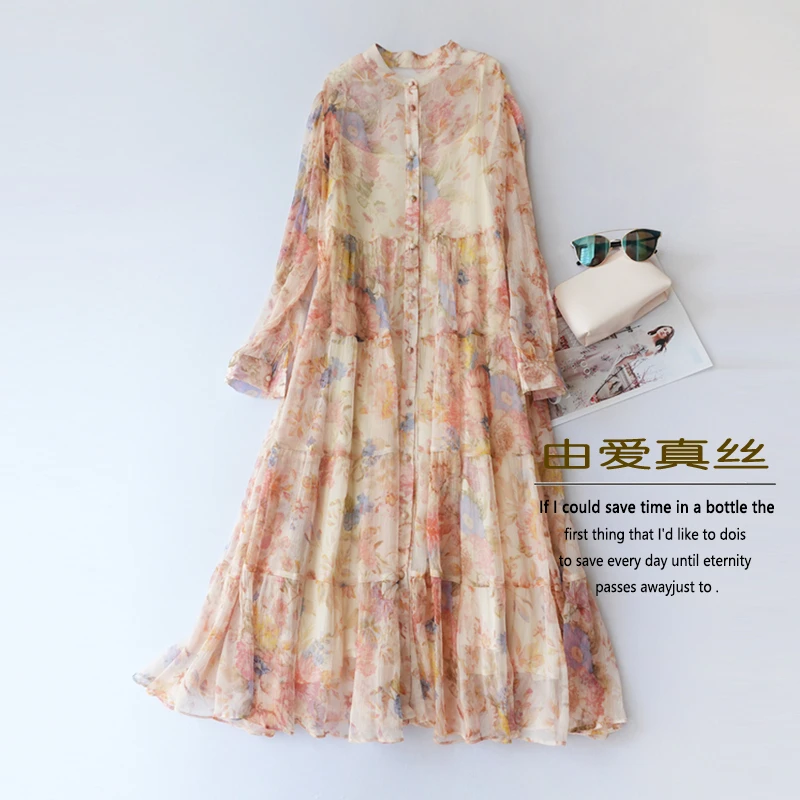 真丝长裙碎花法式长袖度假风沙滩旅游拍照春秋桑蚕丝连衣裙子印花