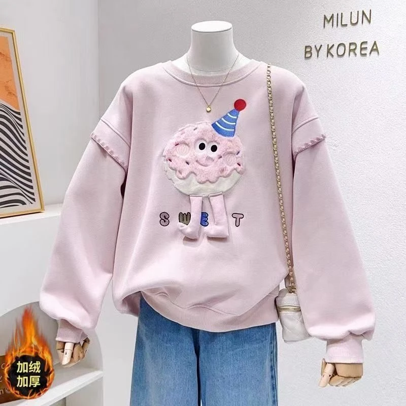 女童加绒卫衣2025新款洋气女宝宝加厚上衣儿童秋冬卫衣圆领上衣潮