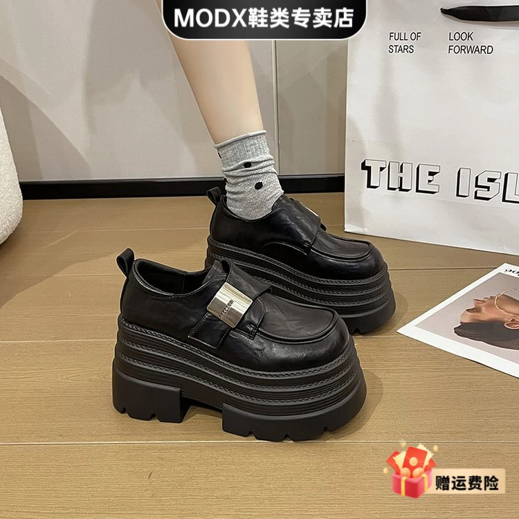 MODX厚底松糕小皮鞋女2025秋季新款小个子复古高跟圆头一脚蹬单鞋