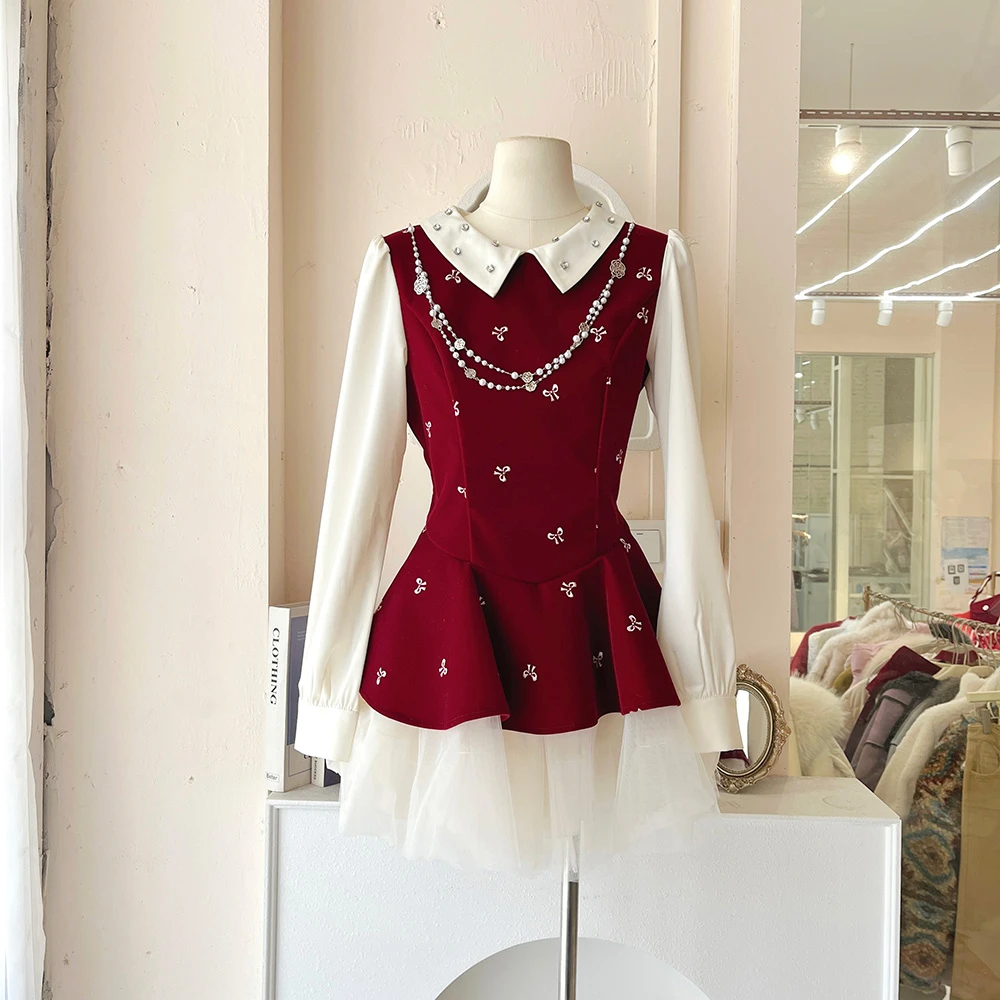 LHTE青青大码女装 秋冬氛围感法式千金丝绒假两件拼接连衣裙L5344