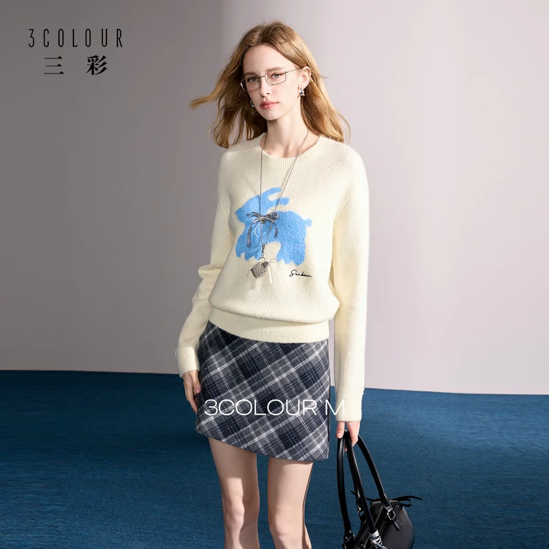 【绵羊毛】三彩2025秋季新款圆领长袖针织衫绣花毛衫套头上衣女M