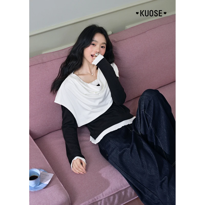 阔色不规则披肩针织衫两件套女2025秋季新款气质上衣黑KSP2509002