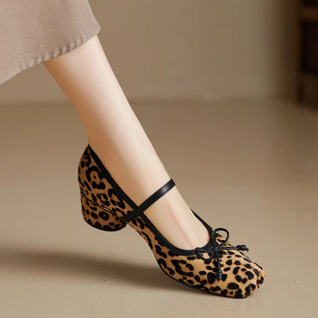 2025夏季新款马毛豹纹女鞋蝴蝶结一字带猪鼻玛丽珍鞋浅口气质单鞋