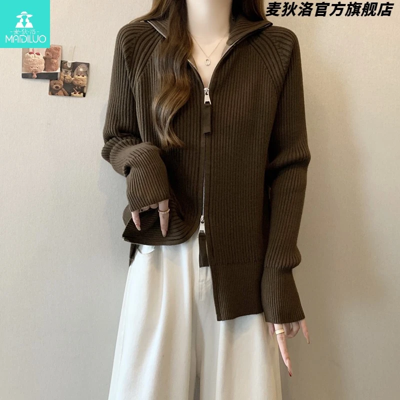 2025秋冬新款咖色双拉链加厚高领针织衫开衫大码女装胖mm毛衣外套