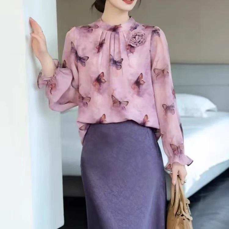 气质衬衫蝴蝶印花装饰长袖上衣优雅百搭C11118