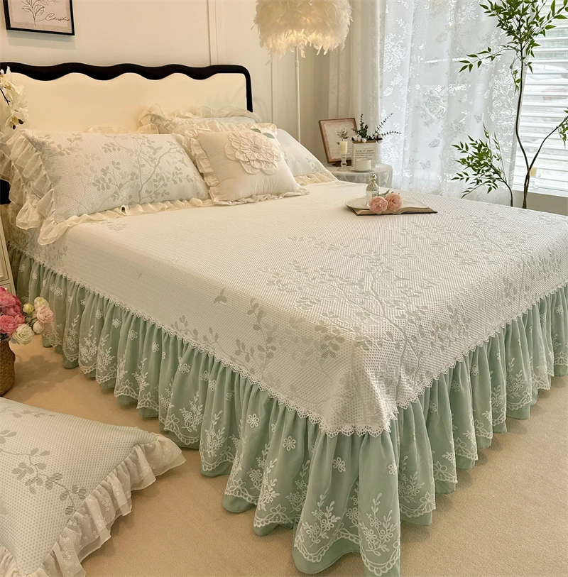 夏季床裙款凉感冰丝凉席三件套公主风可机洗蕾丝刺绣空调席软席子