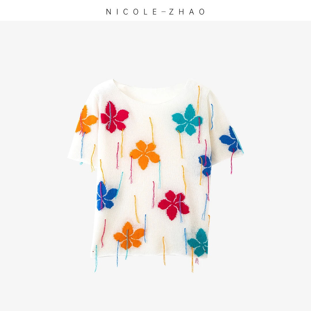 3A2117【贵姐NICOLE】高端设计师款镂空羊绒T恤短袖针织时尚夏季