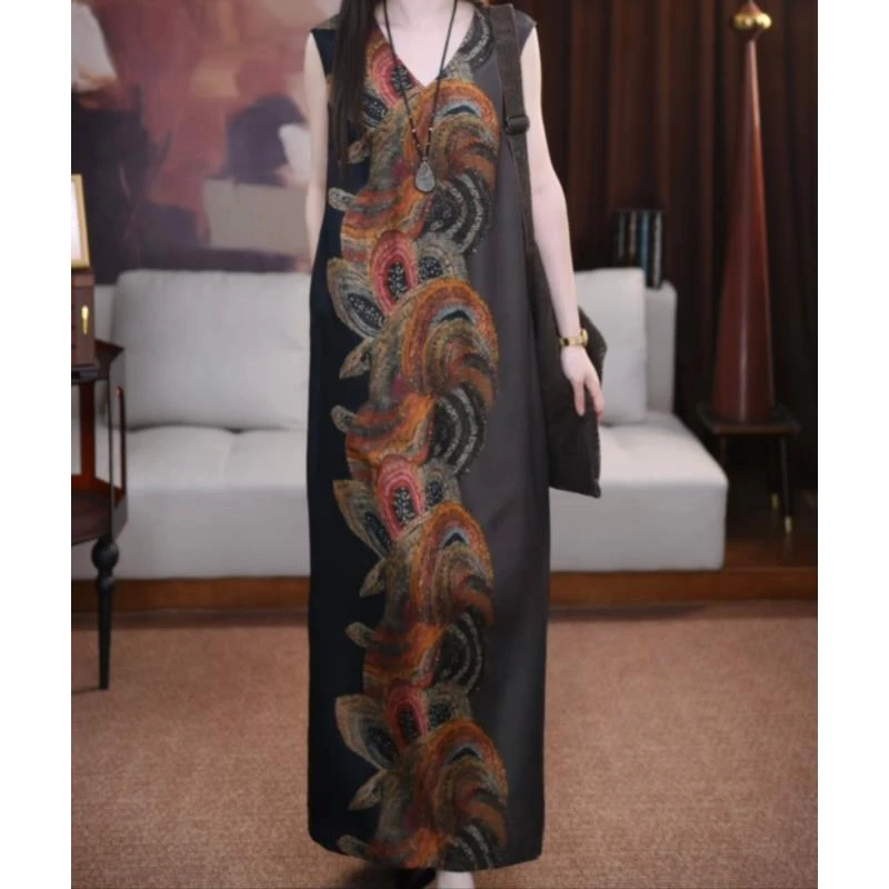 【天籁】香云纱新中式设计感夏季无袖V领修身季百搭国风连衣裙