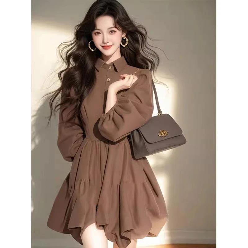 法式气质短款衬衫连衣裙女2025年春秋新款爆款设计感小众咖色裙子