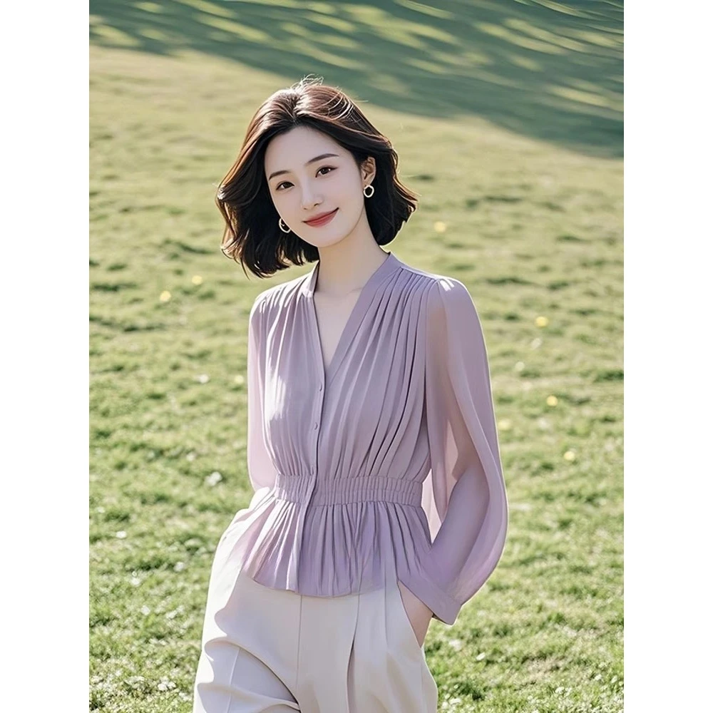 2025年开春新款独特超好看紫色长袖衬衫内搭法式高级感气质套装