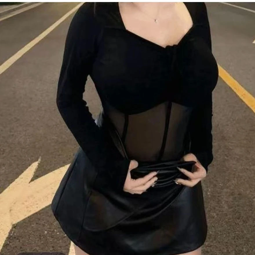 特体大码 纯欲网纱皮裙套装688