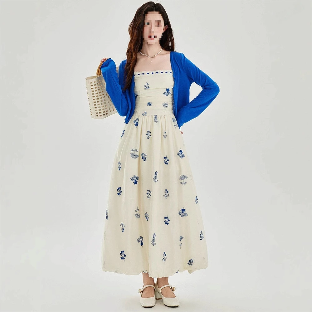 新中式国风吊带连衣裙女2025夏季新款显瘦花苞裙气质长裙子+开衫