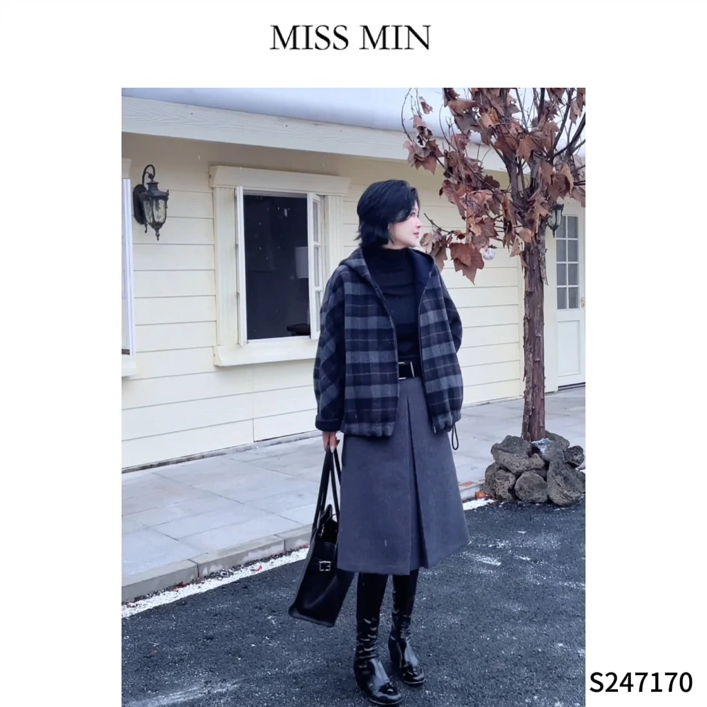 MISS MIN【韩剧氛围】格子连帽大衣清冷系女装宽松显瘦外套 S247170