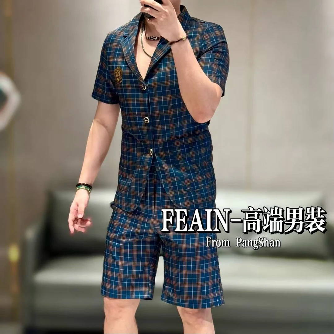 高端定制男士经典格纹弹力冰丝短袖西装套装5361