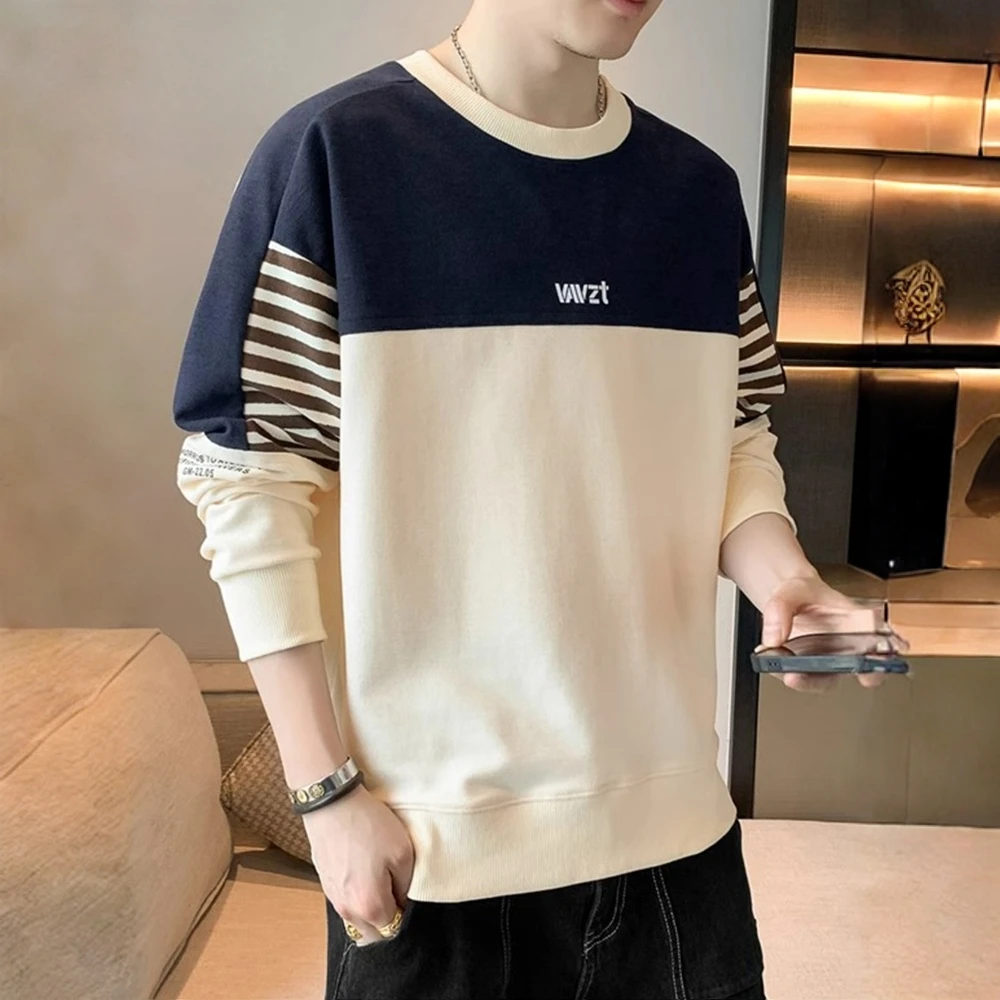 男装圆领春秋新款拼接男卫衣秋季潮流套头透气长袖假两件