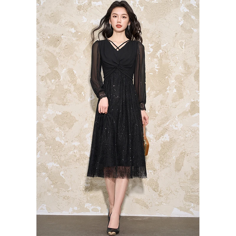新款蕾丝拼接时尚减龄高腰显瘦连衣裙-24425