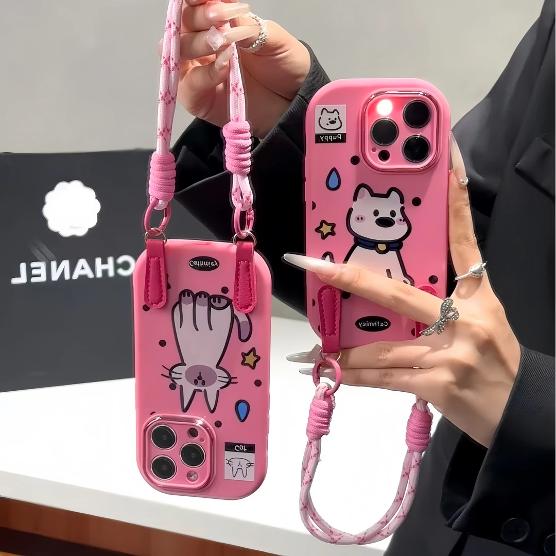 涂鸦猫咪小狗挂绳适用苹果17/16手机壳华为P70vivoppo小米15防摔