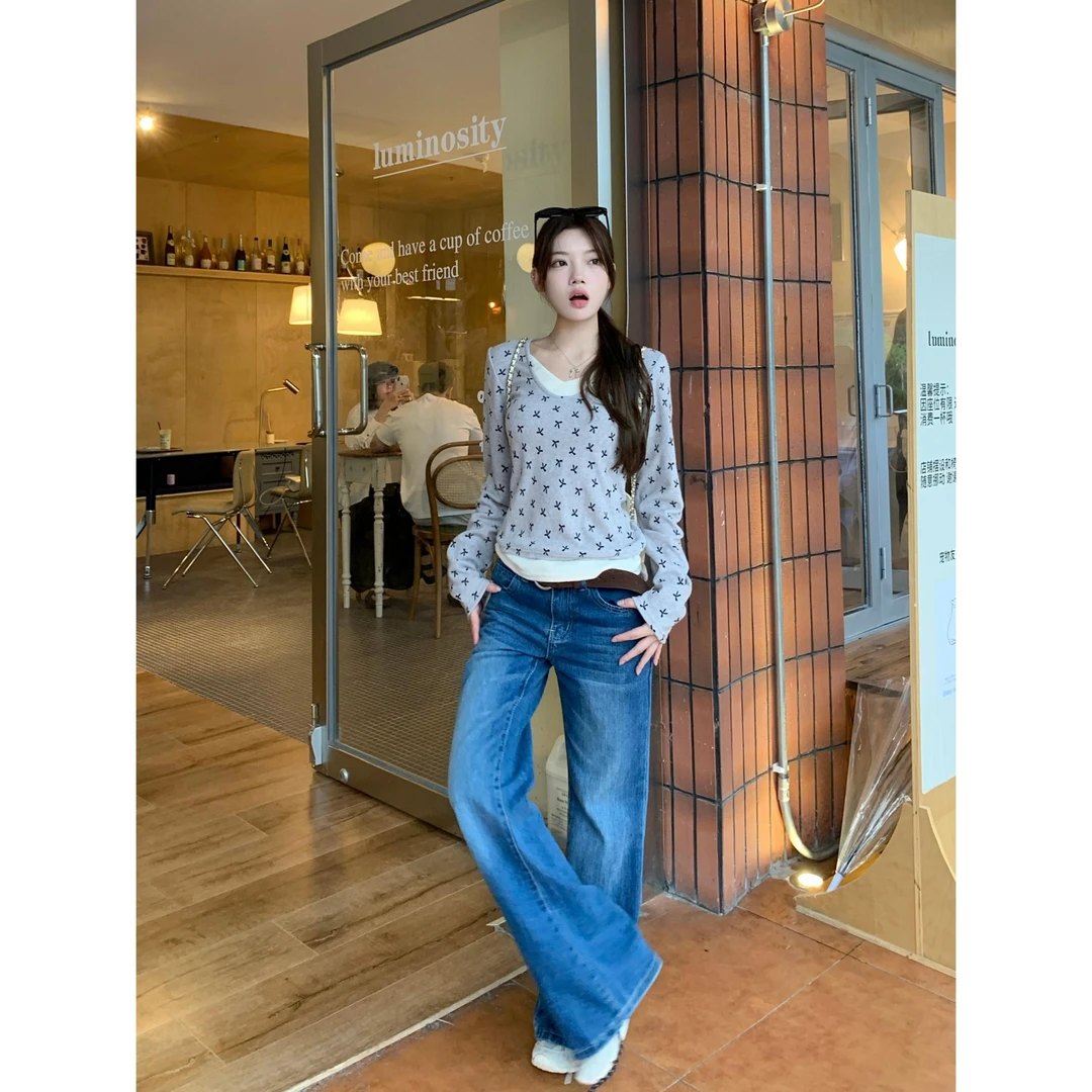 2025设计感印花假两件V领打底衫女设计感内搭长袖上衣通勤风N916