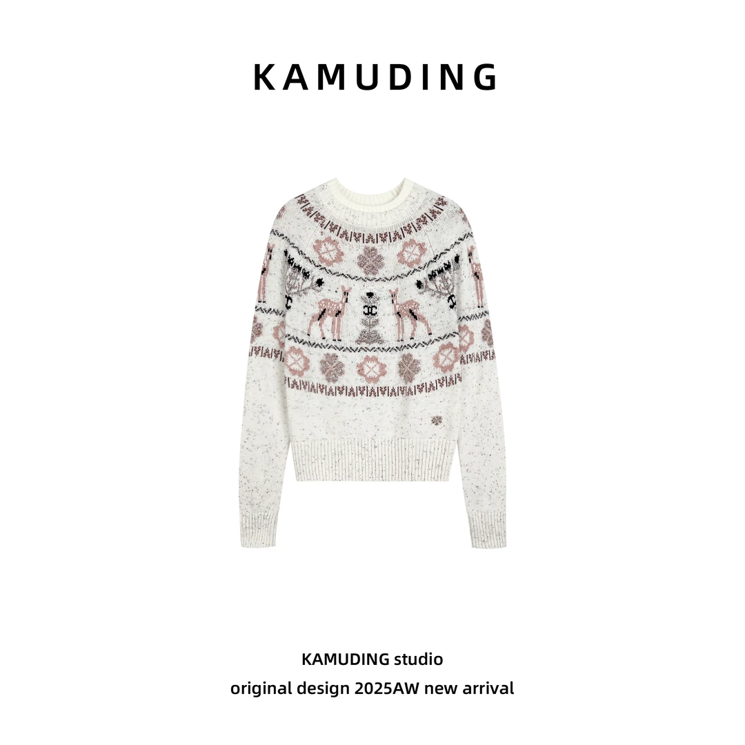 KAMUDING2025新款A19圆领套头重工提花小鹿刺绣针织衫毛衣25563