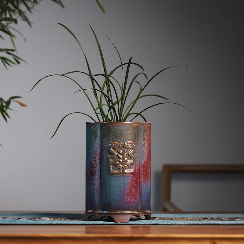 炉钧釉海棠式兰花盆陶瓷花盆