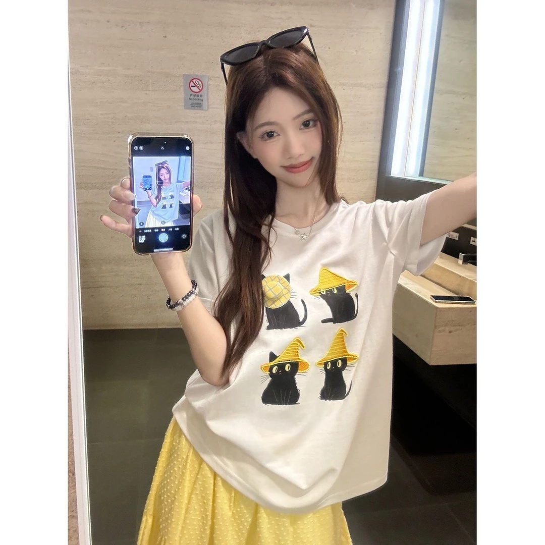 夏季简约印花猫咪刺绣搞怪可爱显瘦上衣设计感短袖