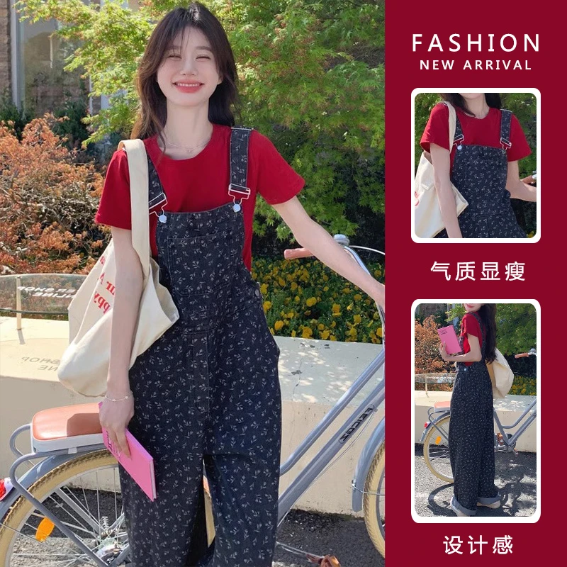 孕妇套装夏季新款时尚网红款百搭T恤上衣休闲显瘦碎花牛仔背带裤