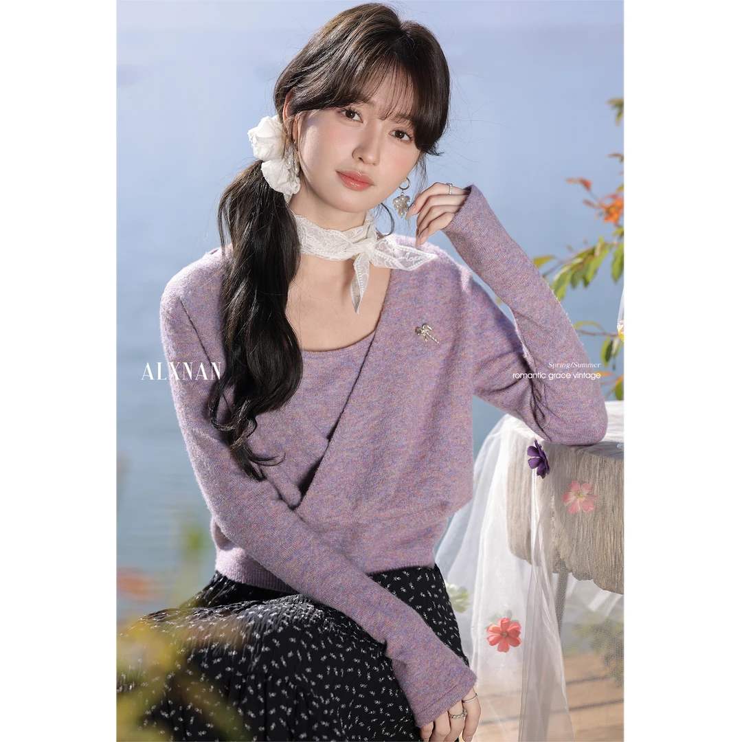 鹿向南【粉丝福利】香芋紫针织衫女春季新款设计感小众上衣L52981