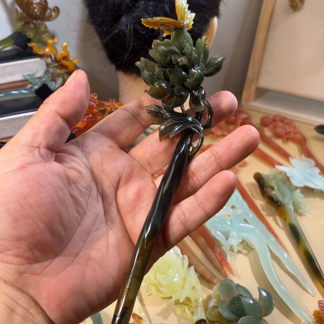 居***安合金蛇纹石玉发簪